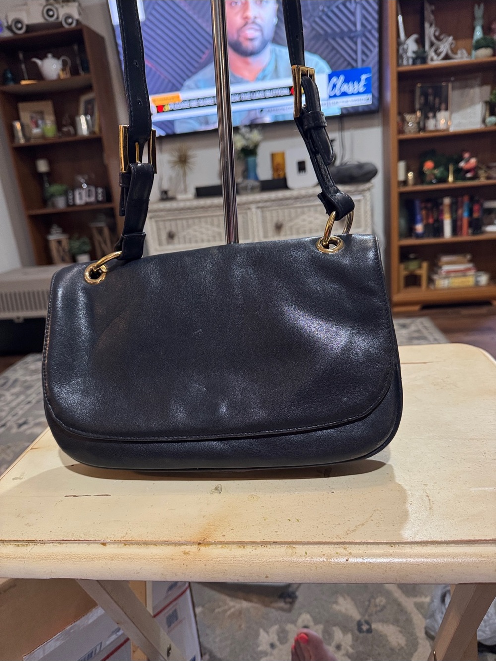 Valerie Stevens Black Leather Shoulder Bag with Gold Hardware
